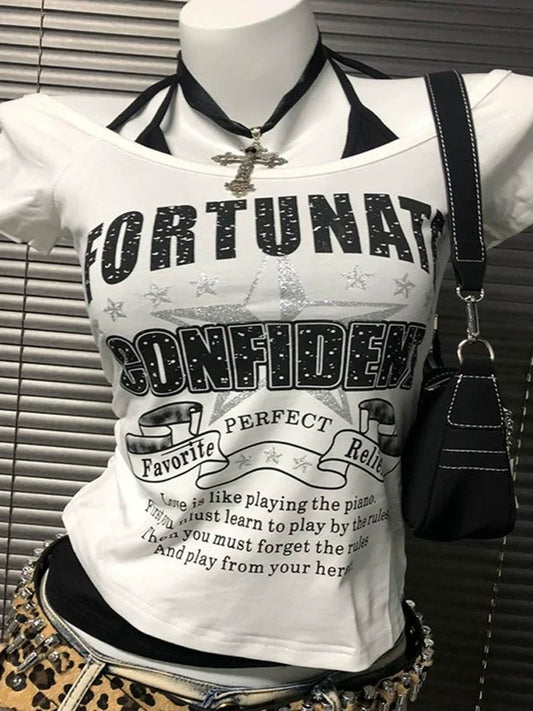 White Letter & Star Fake Two-Piece Tie Rock Punk Y2K T-Shirt