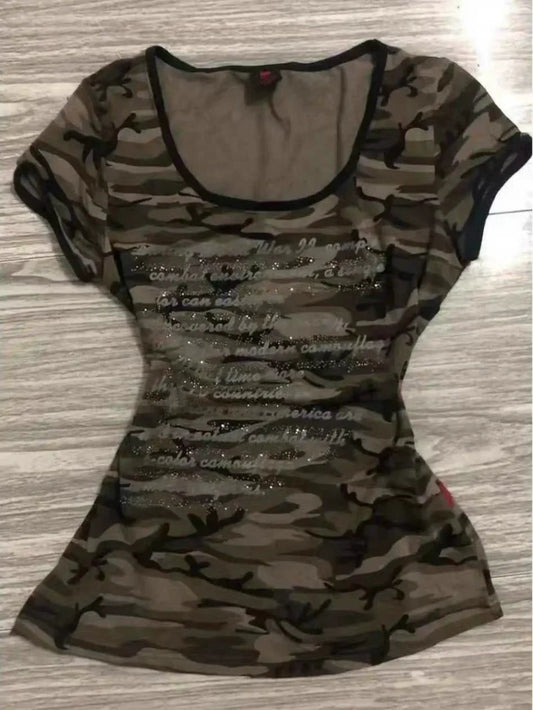 Camouflage Subculture Y2K E-girl Abi Vintage Rhinestone Letter Print Slim Light Subculture Short Sleeve Top