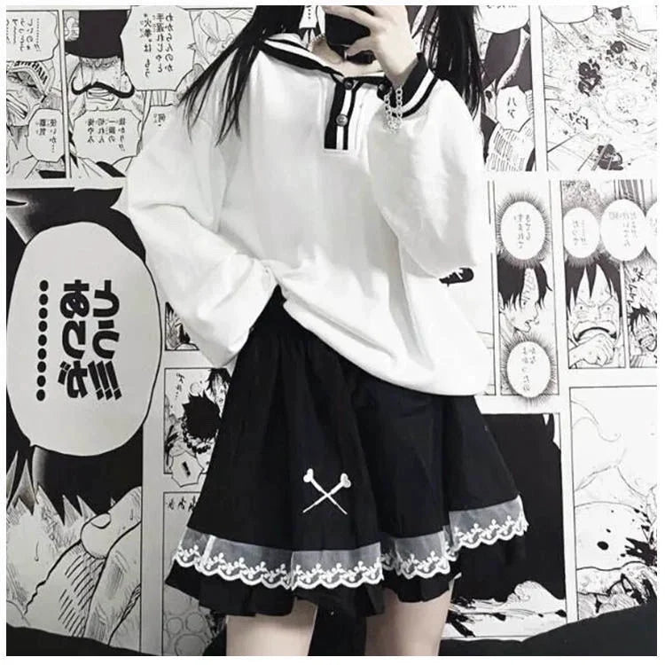 Black Y2K Embroidered Skull High-Waist Tulle Skirt