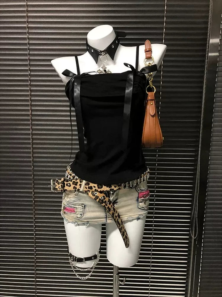 Blue Butterfly One-Shoulder Subculture Y2K E-girl Sweet-Spicy Light Subculture American Retro Bow Short Sleeve Top