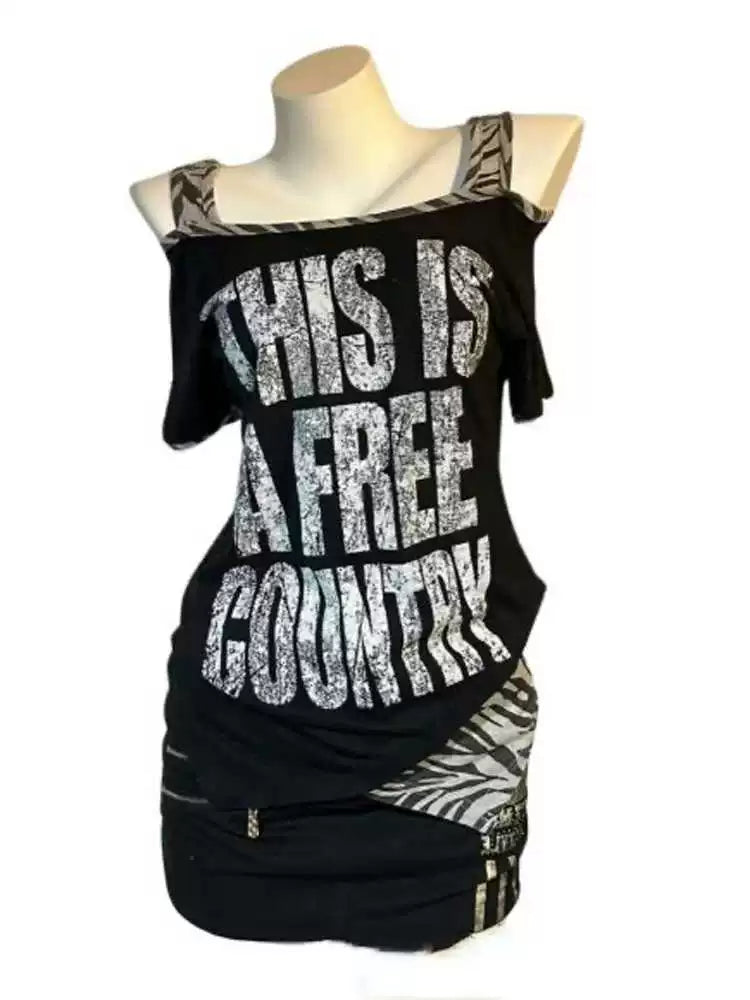 Black Punk American Zebra Print Panel Letter Y2K T-Shirt