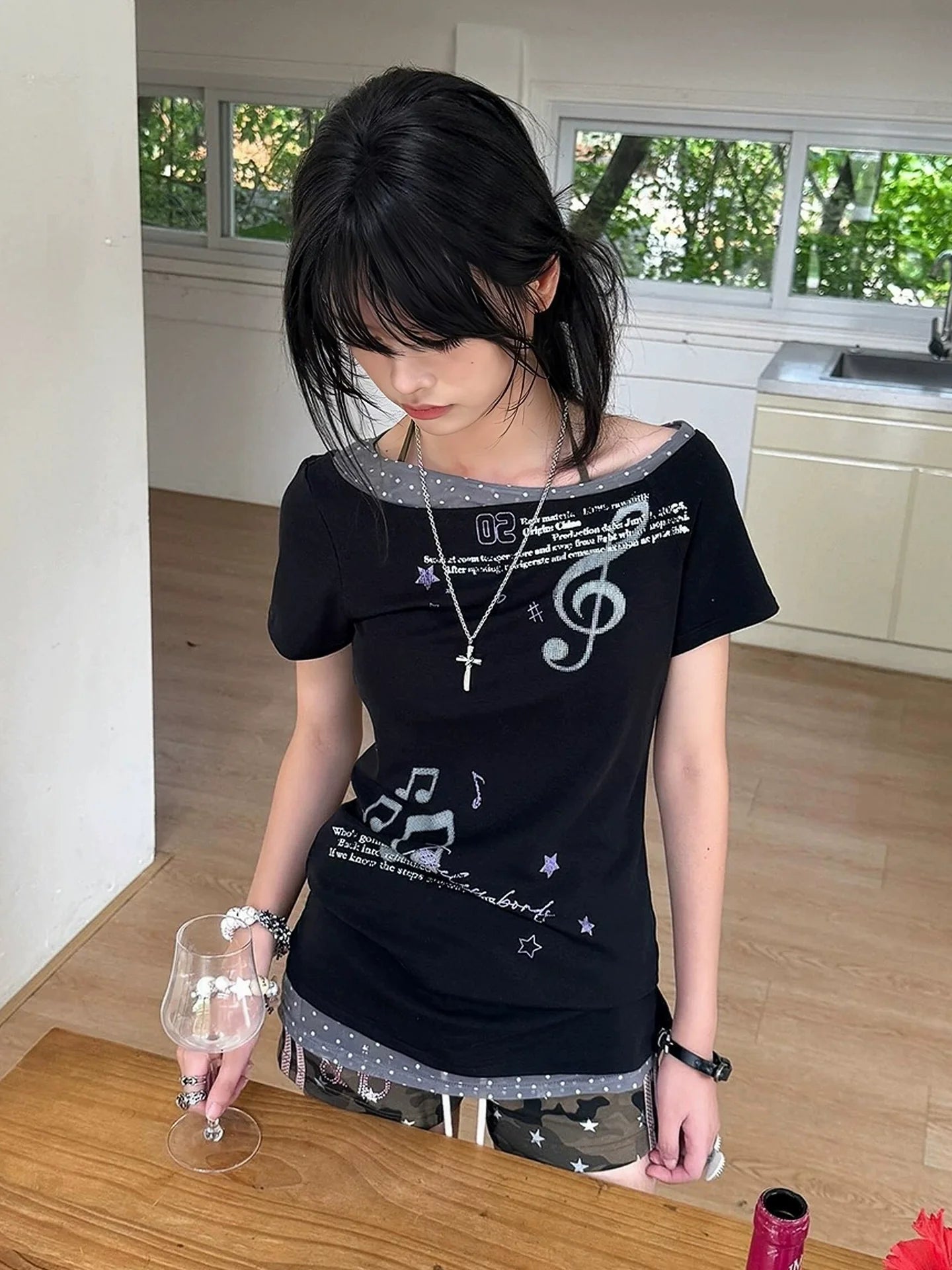 Y2K Light Asia Slanted Shoulder Polka Dot Tee Summer Fake Layer Sweet Spicy Girl Top