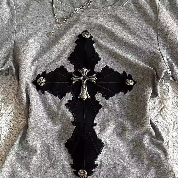 Gray Long-Sleeve Subculture Gothic Rock Punk Y2K E-girl Vintage Print Long Sleeve Top