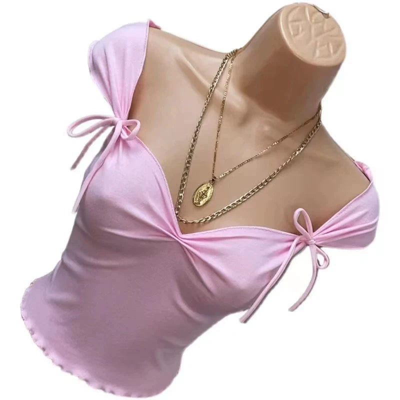 Pink Shibuya Girl Vintage V-Neck Bow Ruffle Slim Y2K T-Shirt