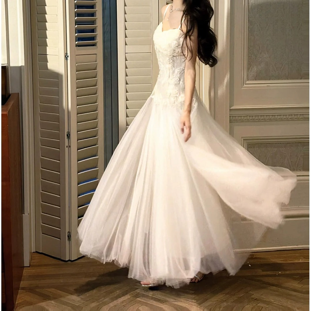 French 3D Flower Heavywork Spaghetti Strap Gown Dress