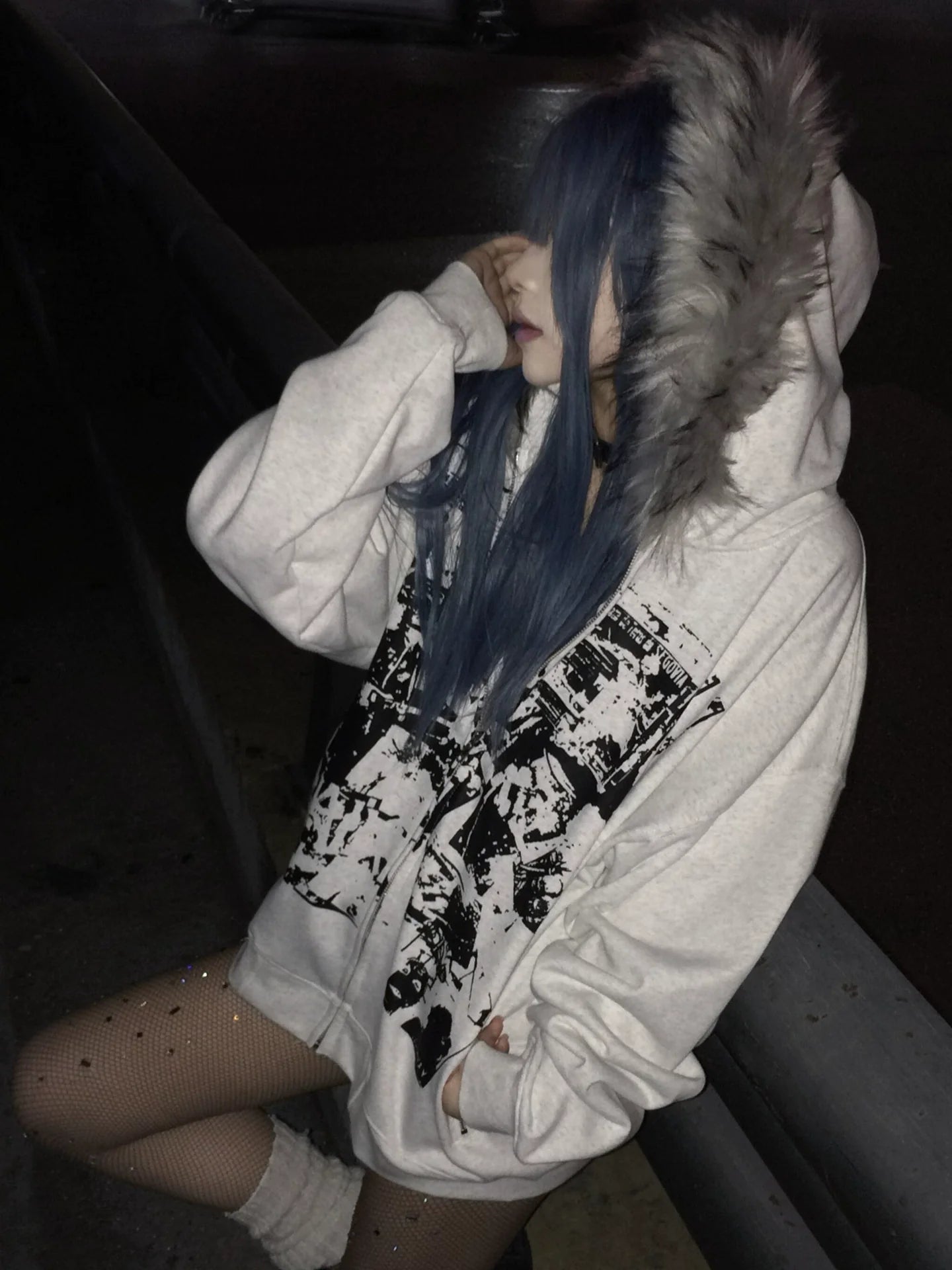 Y2K Vintage Fur Collar Zip-Up Hoodie Heavyweight Visual Kei Streetwear Jacket