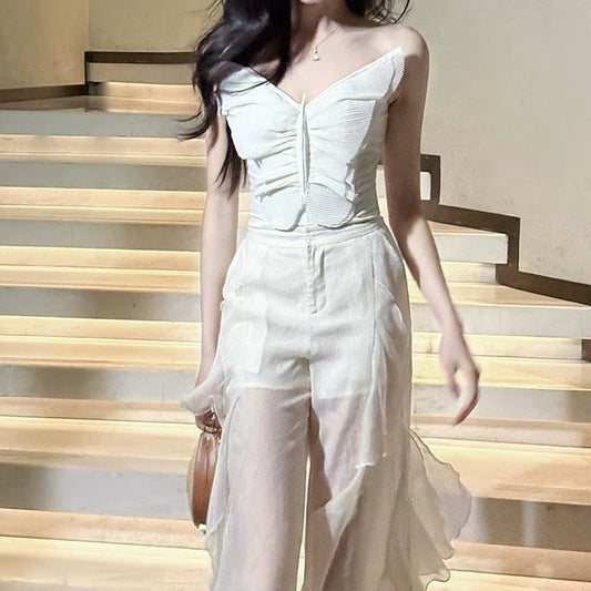 Strapless Butterfly Bone Top Chiffon Pants Set
