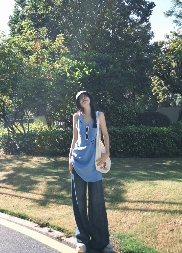 Linen Beaded V-Neck Retro Tank Mini Dress