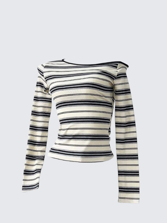 Striped Off Shoulder Long Sleeve Tee Women