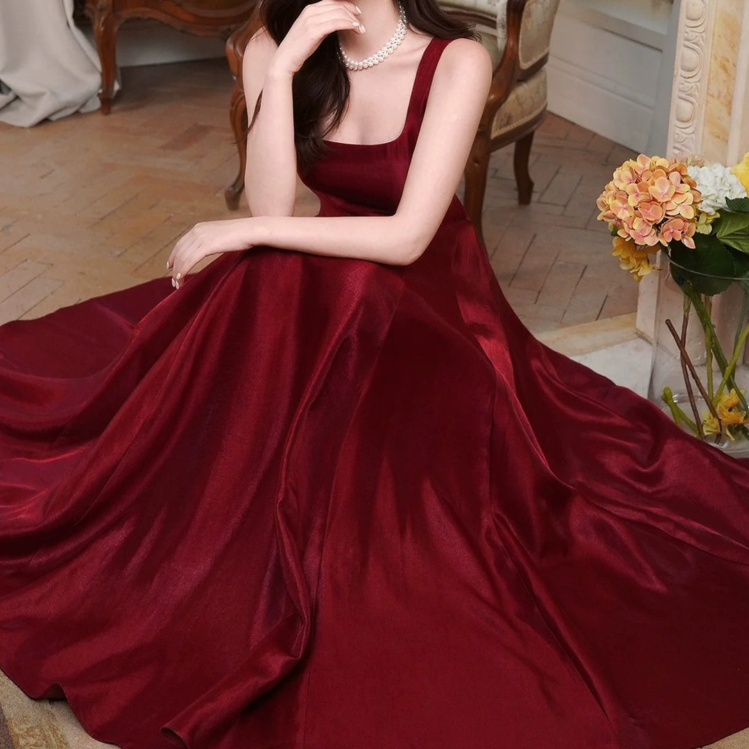 French Red Vintage Waist Full Skirt Gown Dress