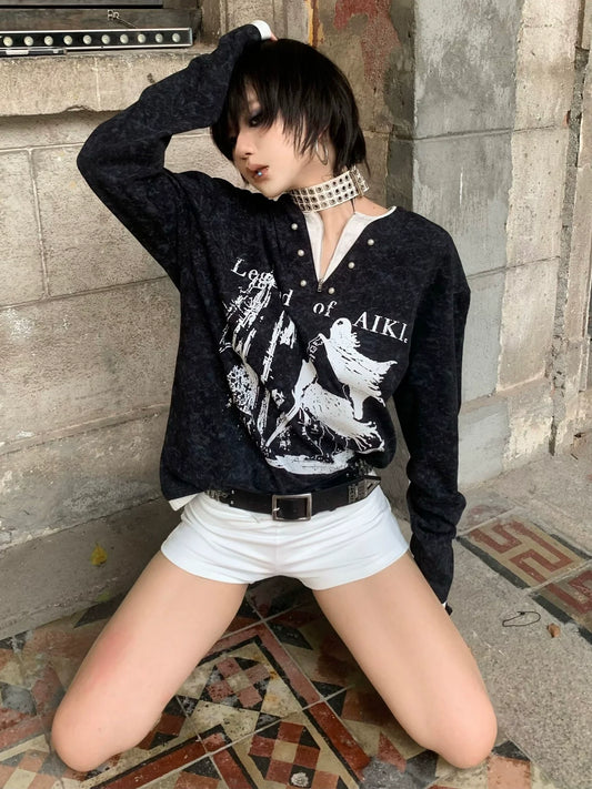 Y2K Fake Two Piece Pearl V Neck Hoodie