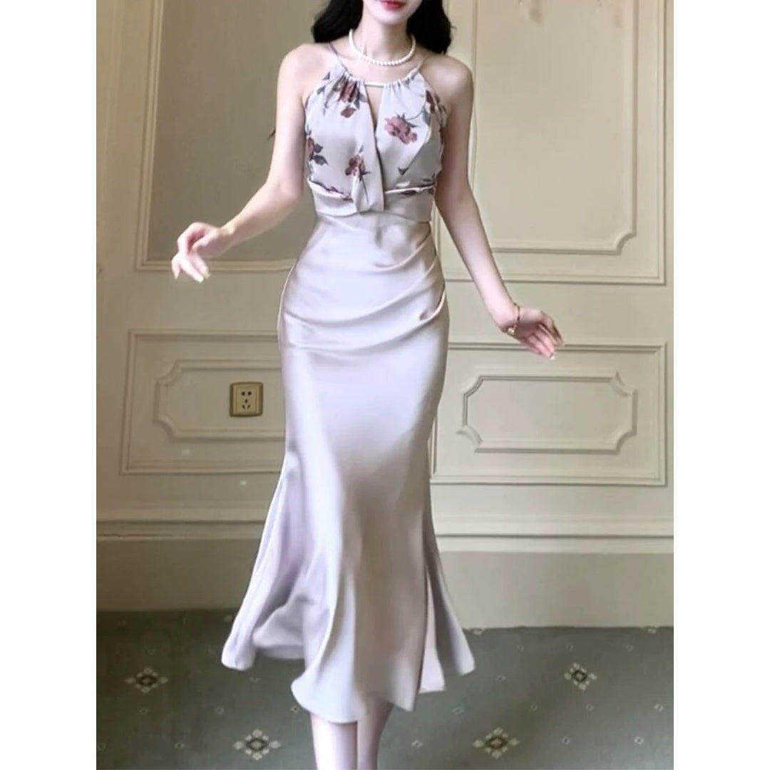 Satin Floral Contrast Mermaid Gown Dress