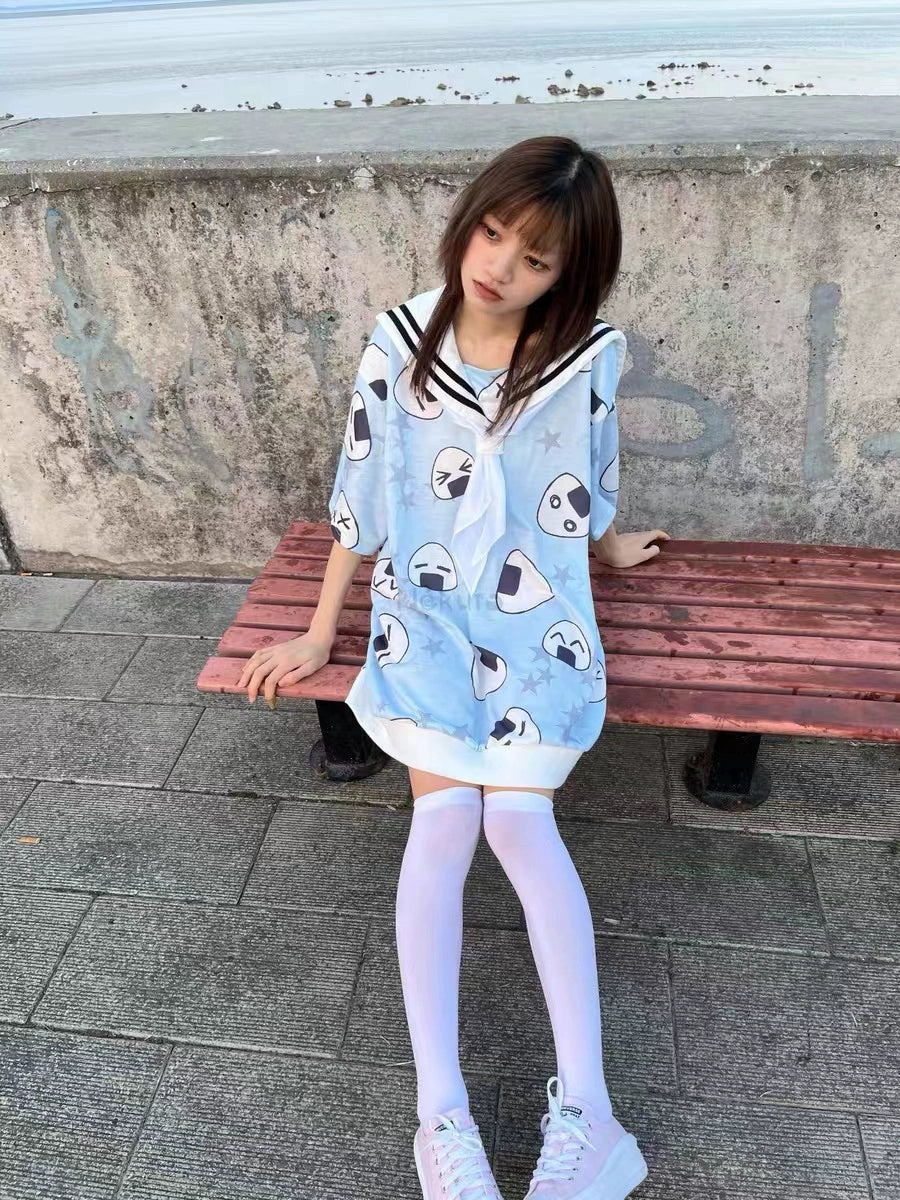Blue (With Tie) Subculture Y2K E-girl Japanese Kawaii Navy Collar Rice Ball & Star Print Oversized Short Sleeve Top