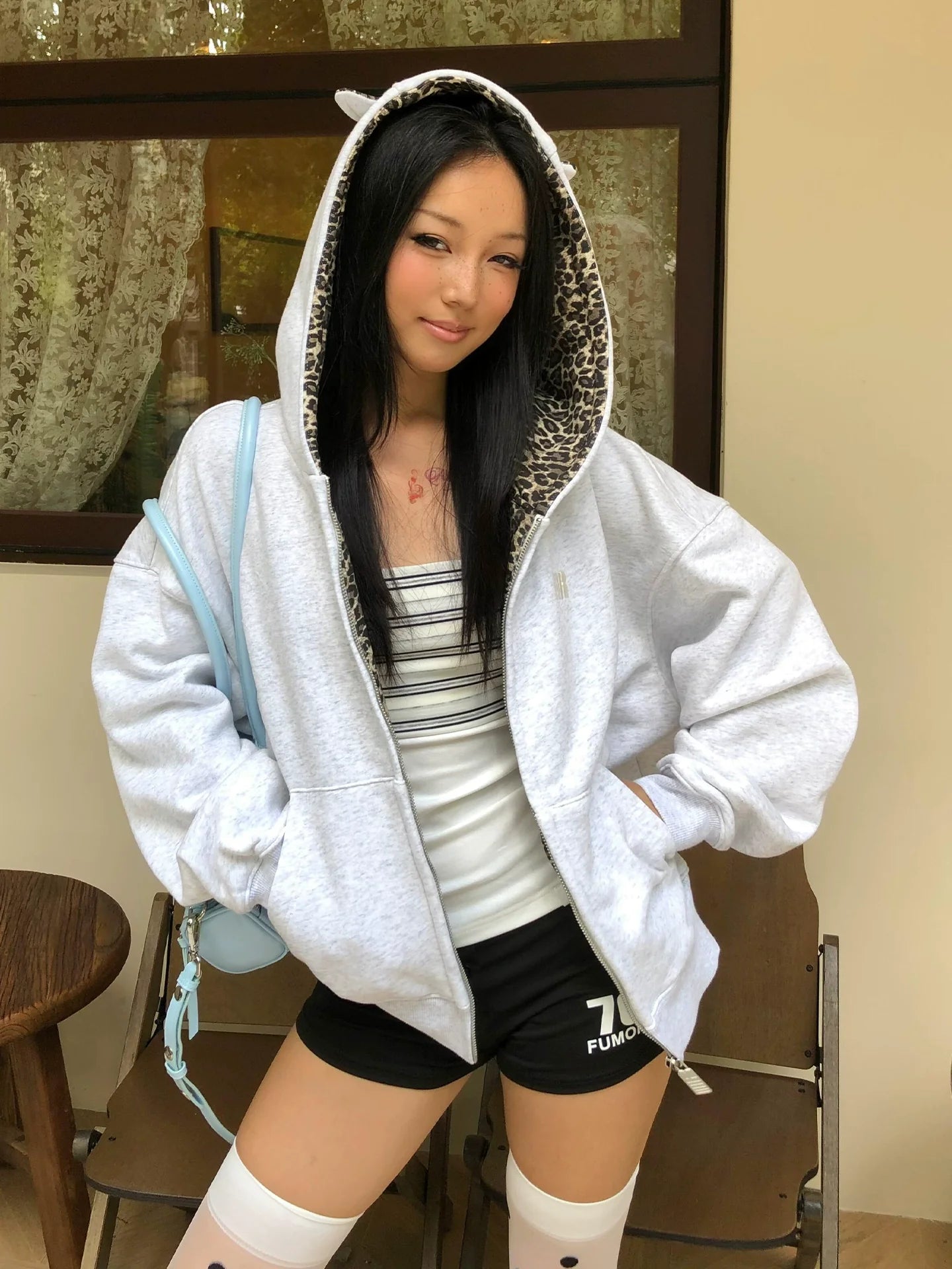 Retro Leopard Ear Hoodie Zip Up Top