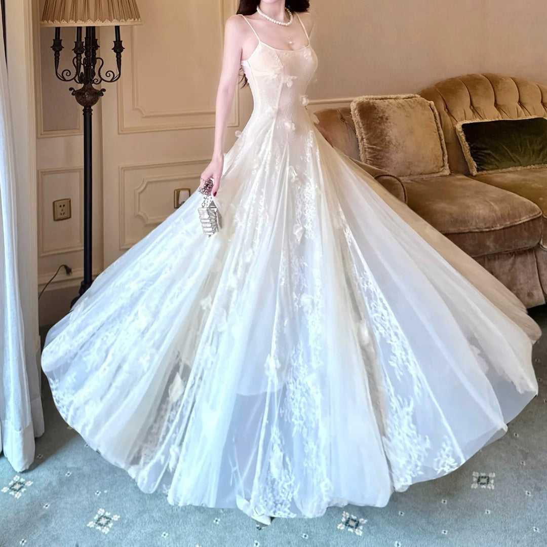 French Lace Floral Tulle Spaghetti Strap Gown Dress
