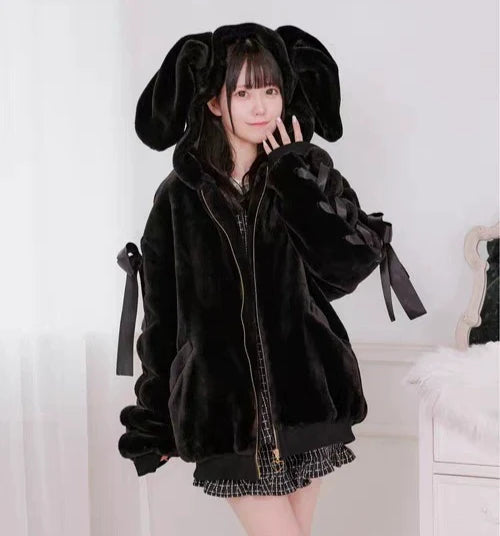Soft Girl Bunny Ear Faux Fur Coat Y2K