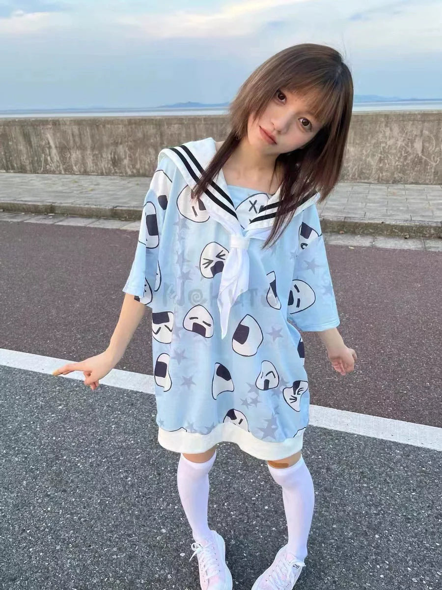 Blue (With Tie) Subculture Y2K E-girl Japanese Kawaii Navy Collar Rice Ball & Star Print Oversized Short Sleeve Top