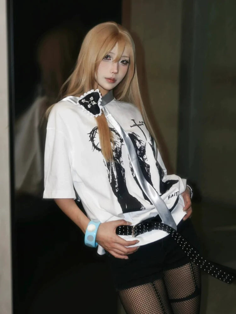 Retro White Punk Printed Tee