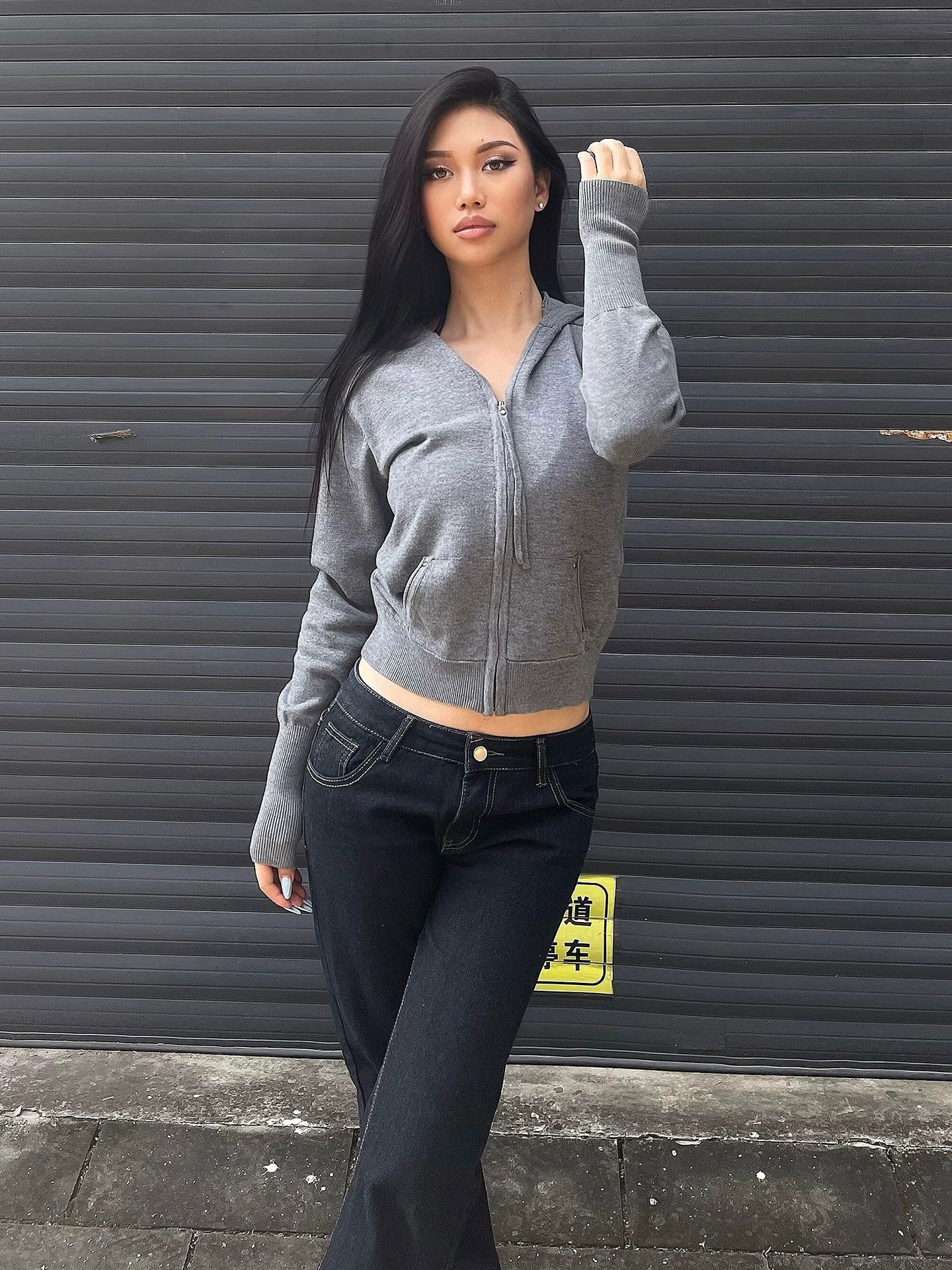 Grey Zip Knit Hoodie Slim Fit Long Sleeve Top