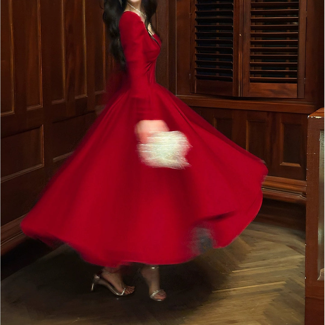 French Red Long Sleeve Swing Gown Dress