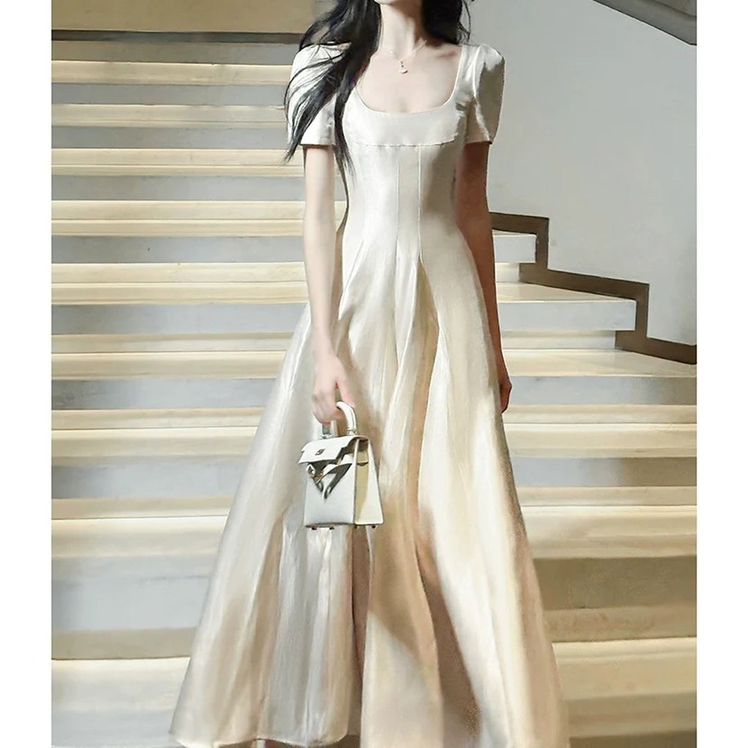 French Retro Square Neck Satin Gown Dress – Hepburn Style Engagement Dress