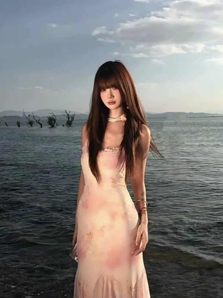 French Pink Floral Tulle Halter Waist-Cinched Slimming Beach Vacation Summer Maxi Dress