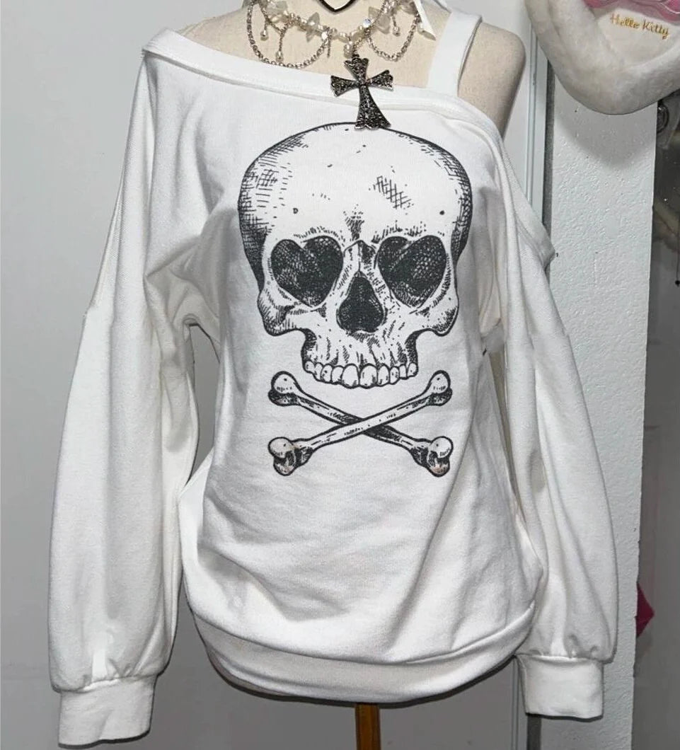 Skull Print Off-Shoulder Hoodie Subculture Gothic Rock Punk Dark Y2K E-girl Autumn/Winter Top