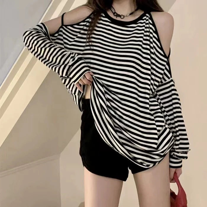Stripe Subculture Y2K E-girl Off-Shoulder Halter Niche Oversized Long-Sleeve Top (Autumn)