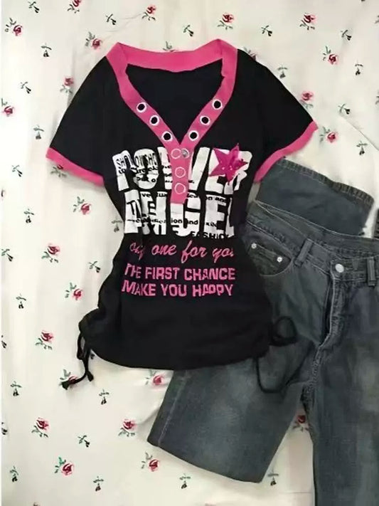 Black Color-Block V-neck Subculture Y2K E-girl Abi American Retro Side Drawstring Short Sleeve Top