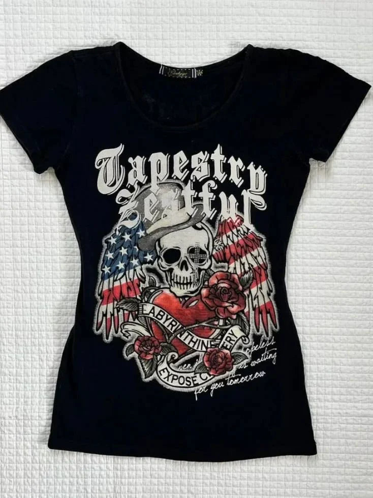 Spine-Wing Print Rock Punk Y2K T-Shirt