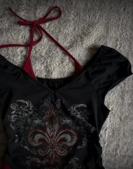 Black Red Fake Two-Piece Halter Rhinestone Y2K T-Shirt