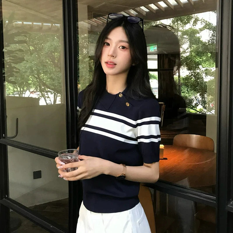 Old Money Navy Polo Knit Top Slim Fit Short Sleeve Structured Shoulder Preppy Shirt