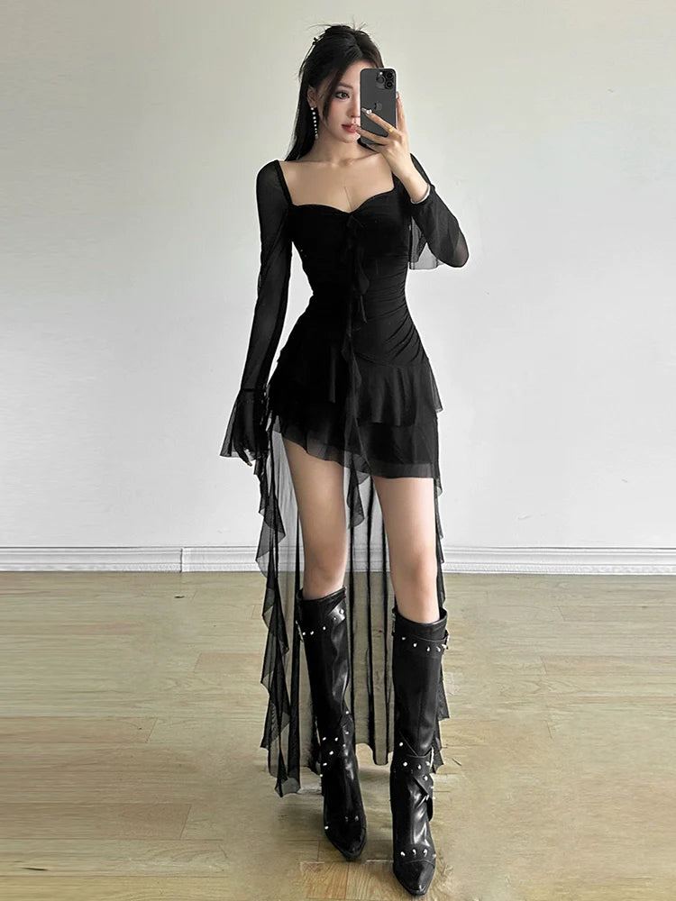 Sweet & Edgy Retro Flowing Square-Neck Tulle Ruched Cinched Waist Asymmetrical Dress
