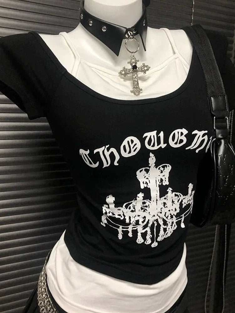 Black American Vintage Crown Print Fake Two-Piece Y2K T-Shirt