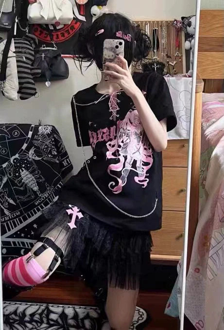 Black (With Chain Arm Sleeves) Subculture Punk Y2K E-girl  Removable Sleeve Fake Two-Piece Tie Top