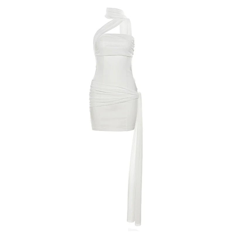 French Chic White Asymmetrical Halter Camisole Dress With Tie Waist