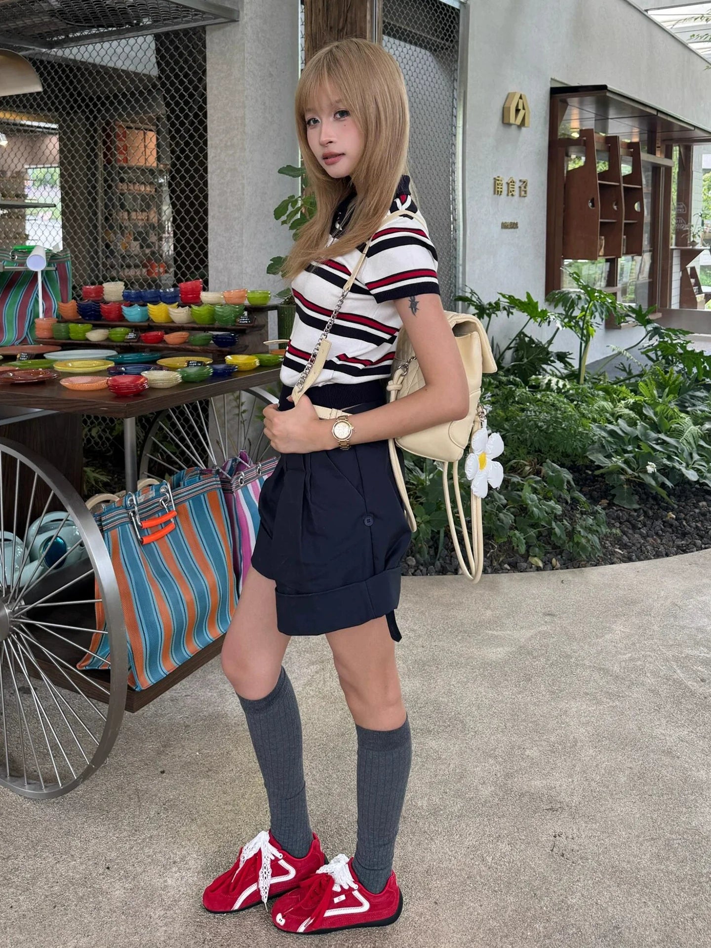 Striped Knitted Short Sleeve Polo Top Slim Fit