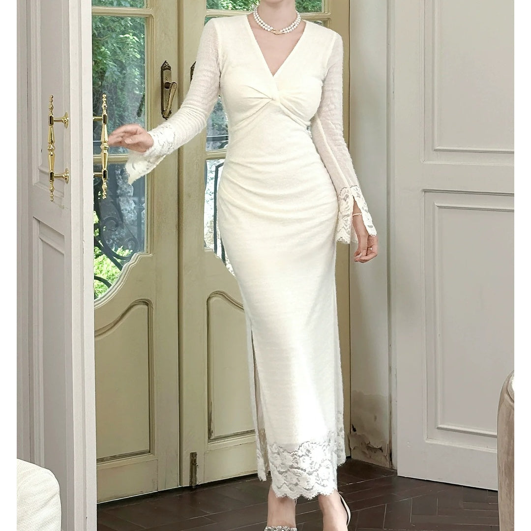 French V Neck Long Sleeve Autumn Slim Fit Gown Dress