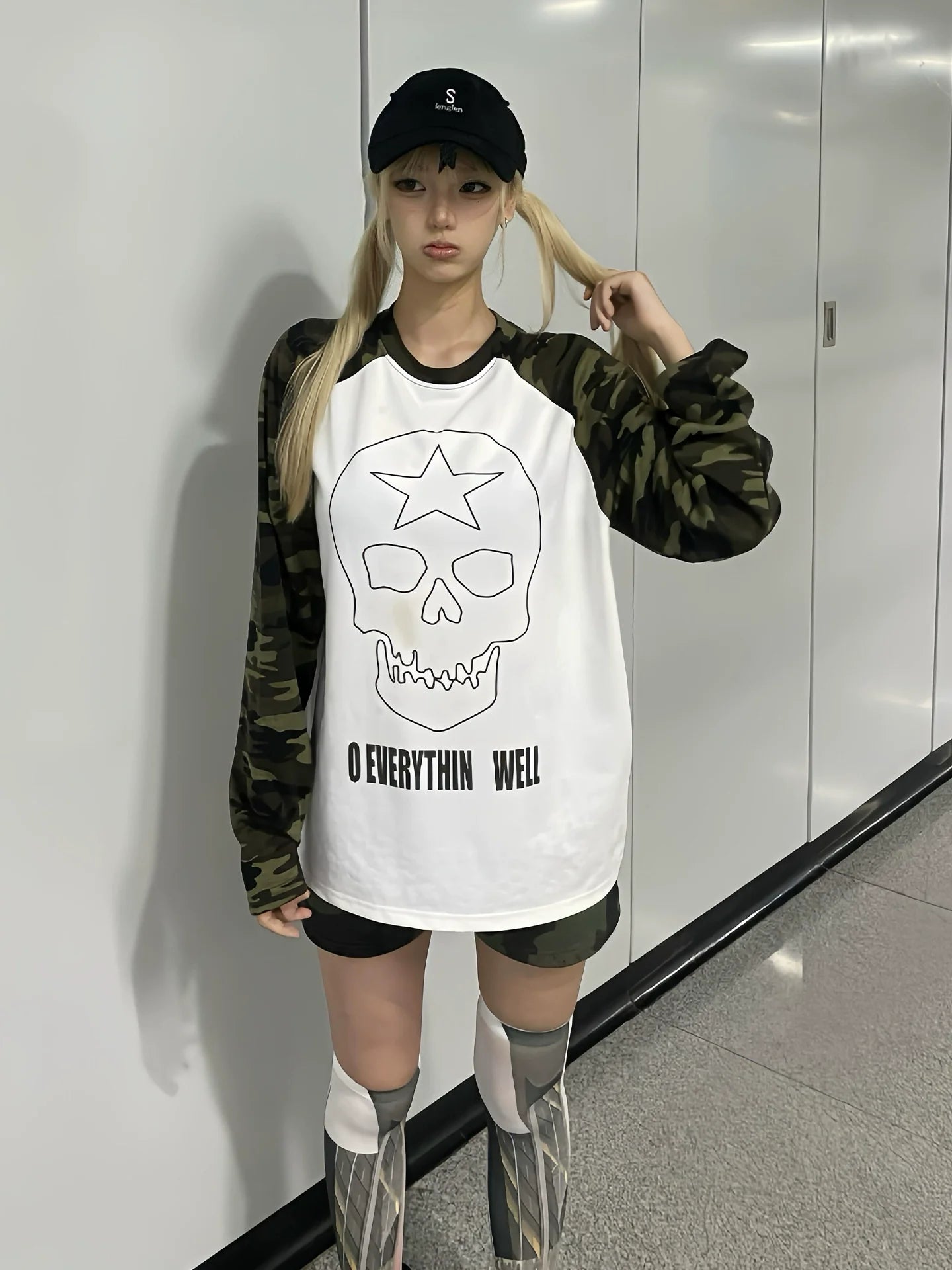 Y2K Camo Skull Long Sleeve Top