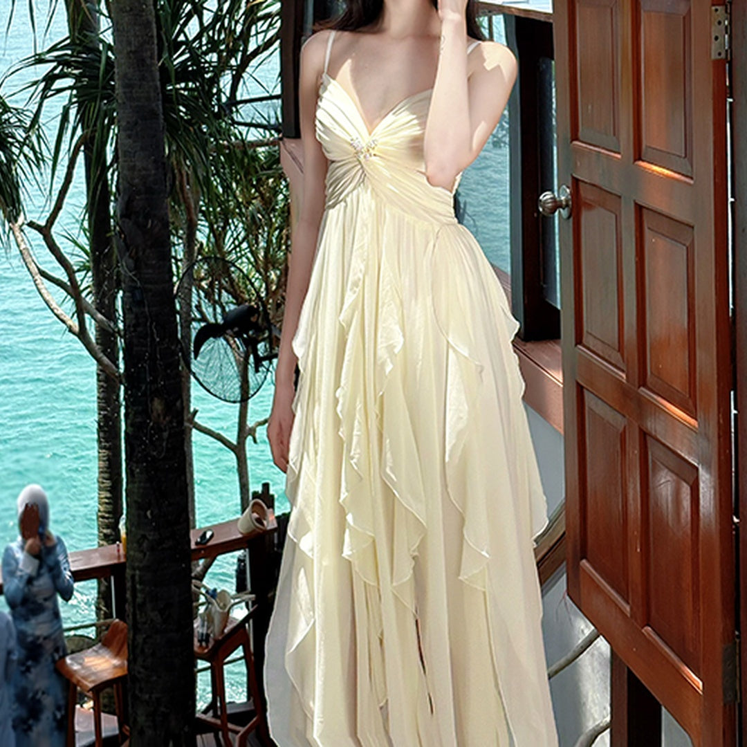 French Ruffle Halter Gown Dress