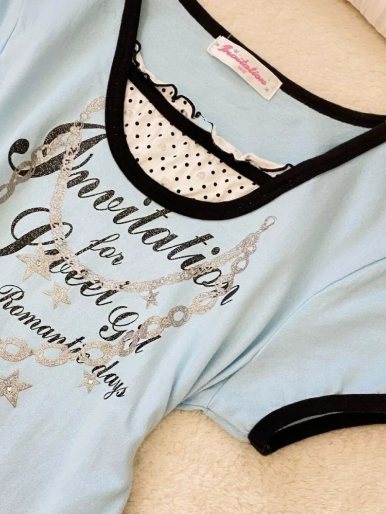 Blue Panel Polka Dot Vintage Fake Two-Piece Y2K T-Shirt