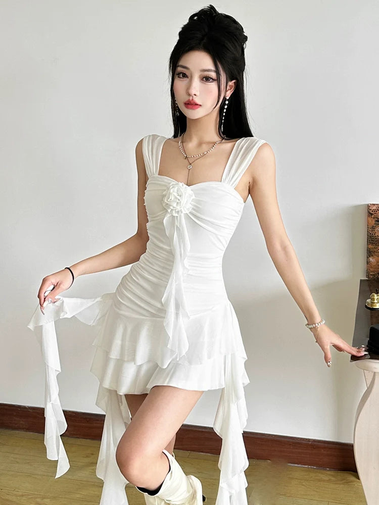 Versatile Ruched Flower Detail Ribbon Asymmetrical Mini Dress