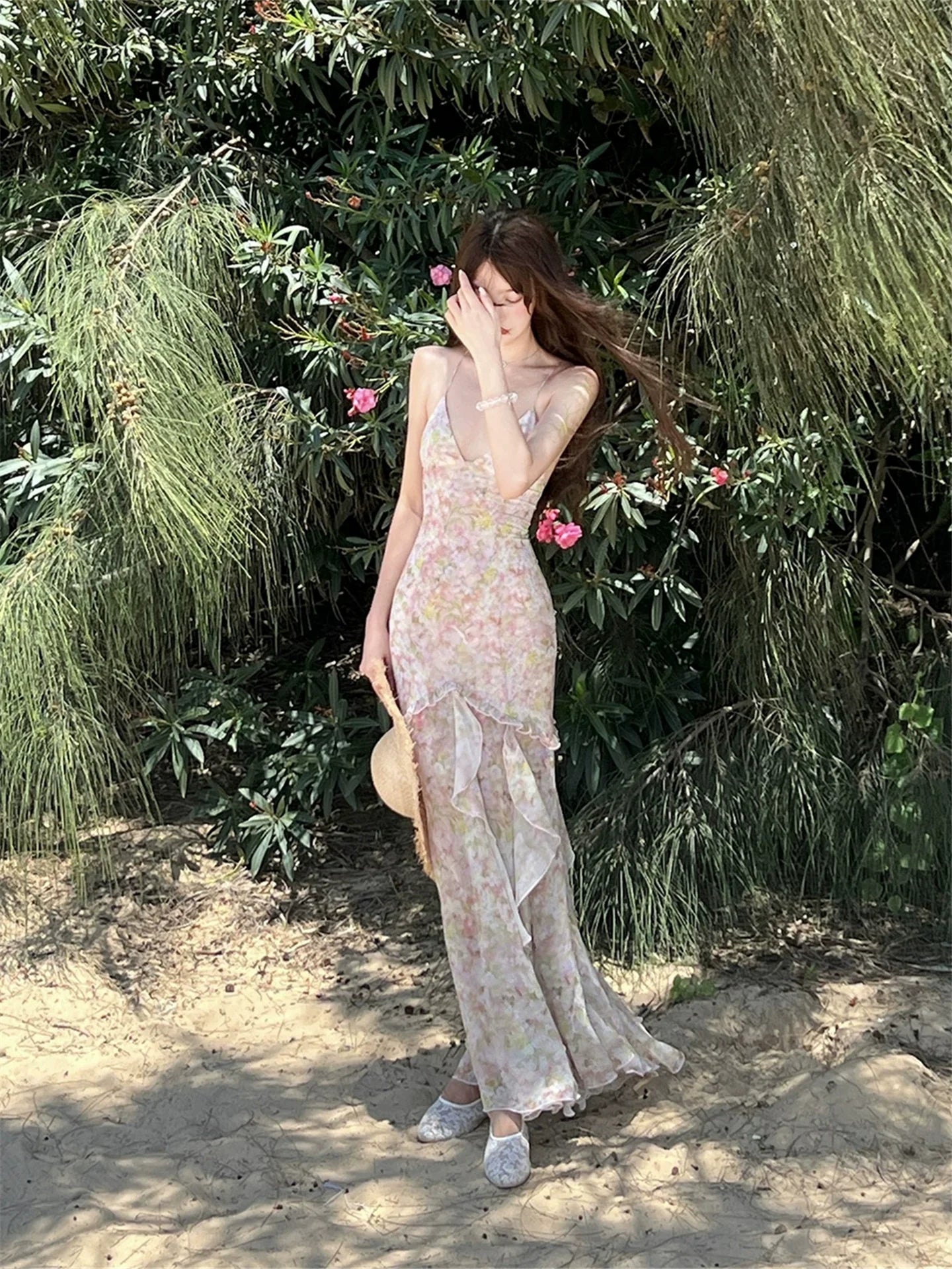 Beach Vacation Intricate Print Backless Mermaid Slip Dress