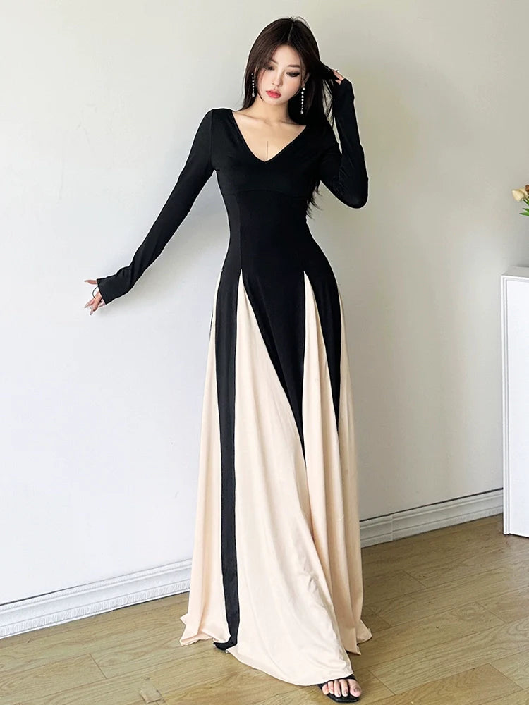 French Chic Retro Color-Block V-Neck Maxi Dress