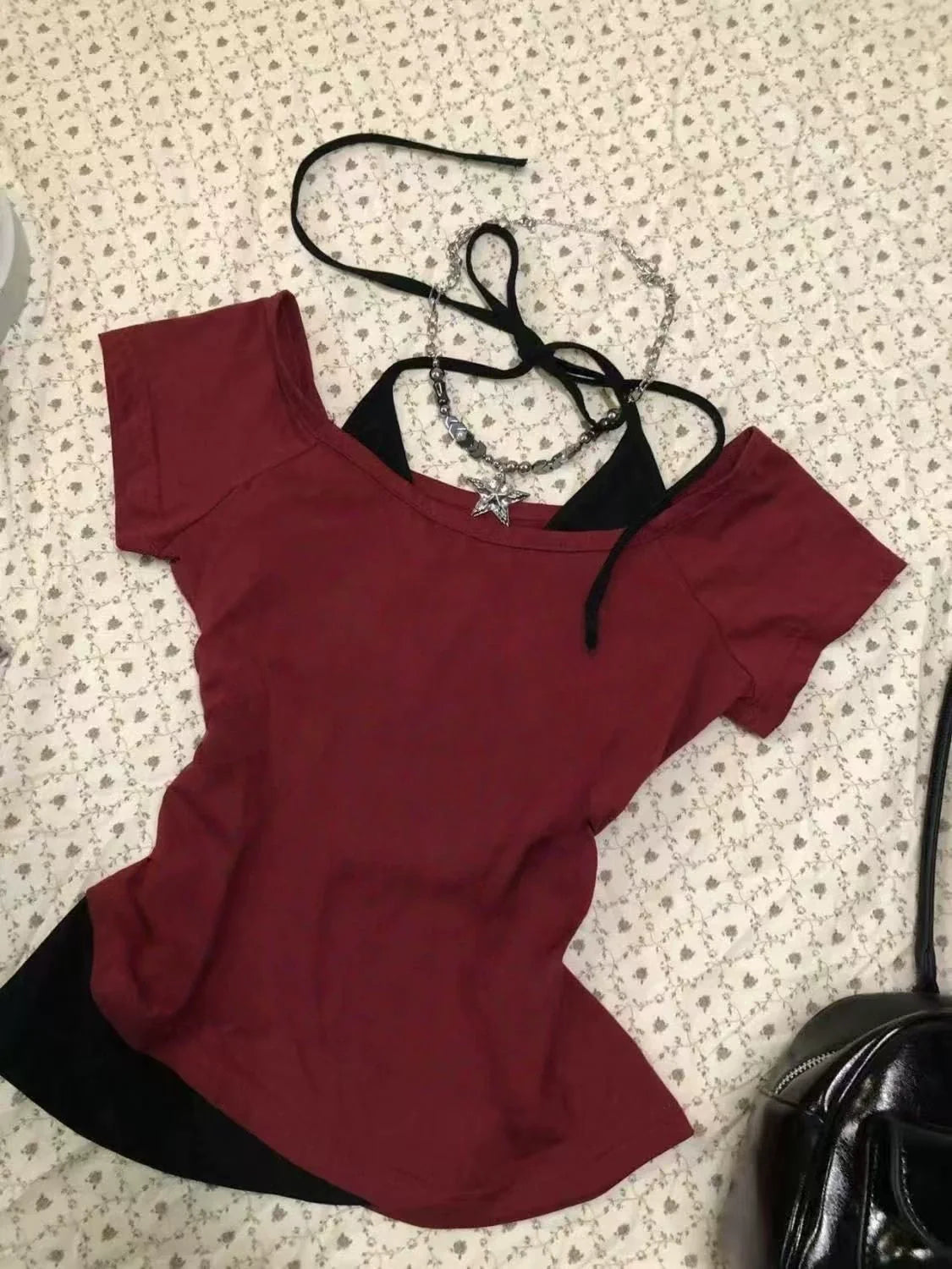 Red American Vintage Fake Two-Piece Halter Tie Y2K T-Shirt