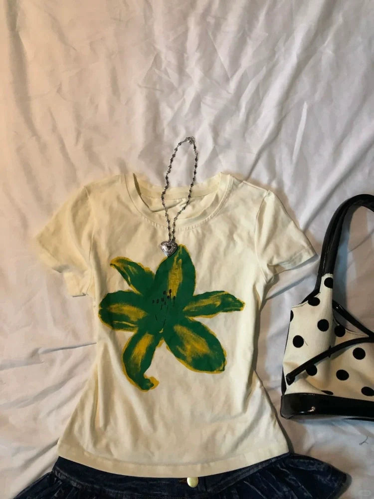 Yellow Subculture Y2K E-girl Abi American Retro Vintage Early Print Short Sleeve Top