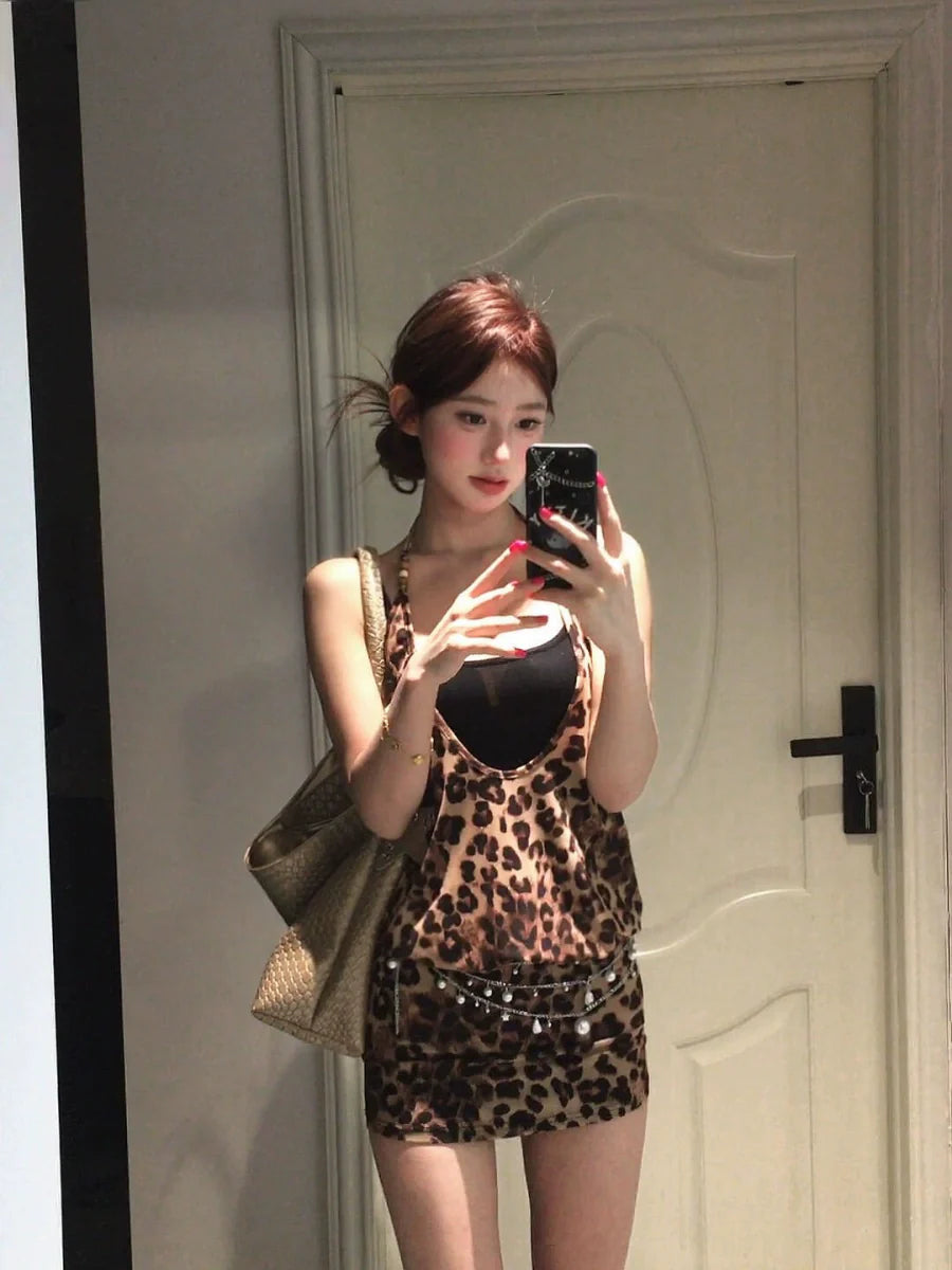 Fake Two-Piece Leopard Print Halter Spaghetti-Strap Mini Dress