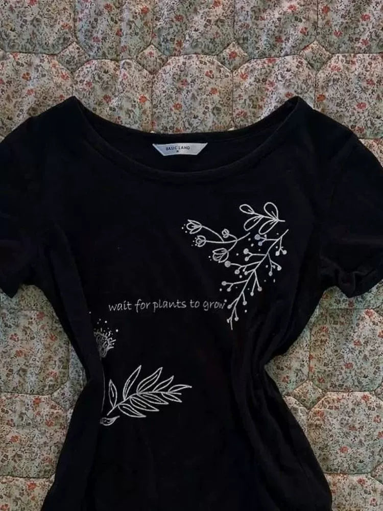 Black Chinese-Style Retro Print Waist-Cinched Y2K T-Shirt