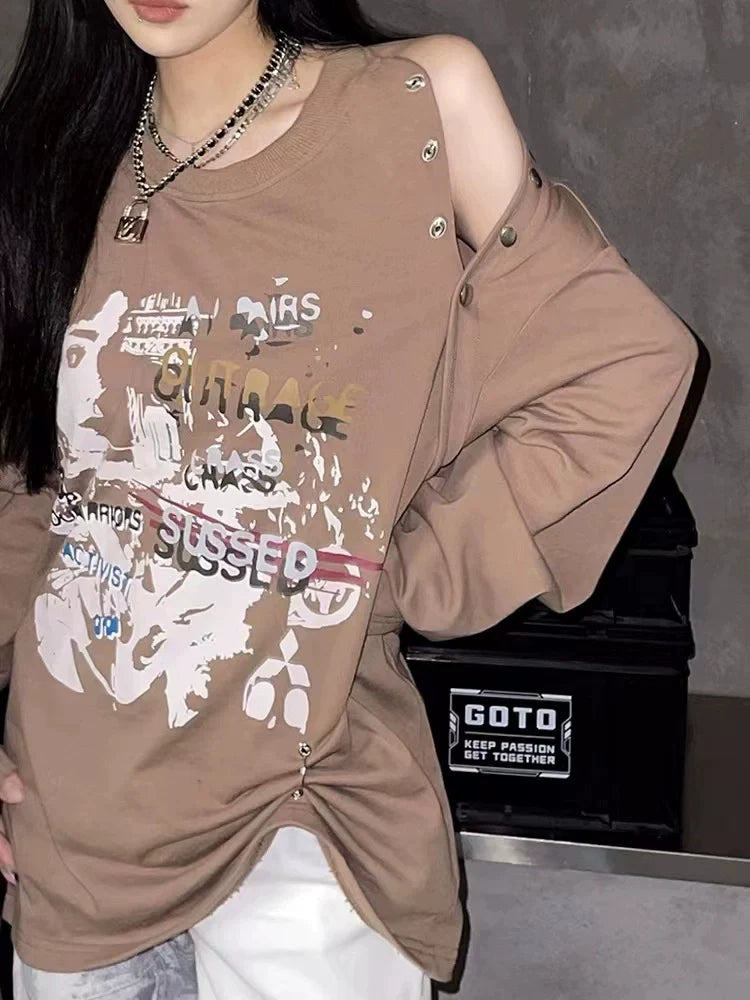 Khaki Subculture Punk Y2K E-girl Print Off-Shoulder Niche Oversized Hoodie