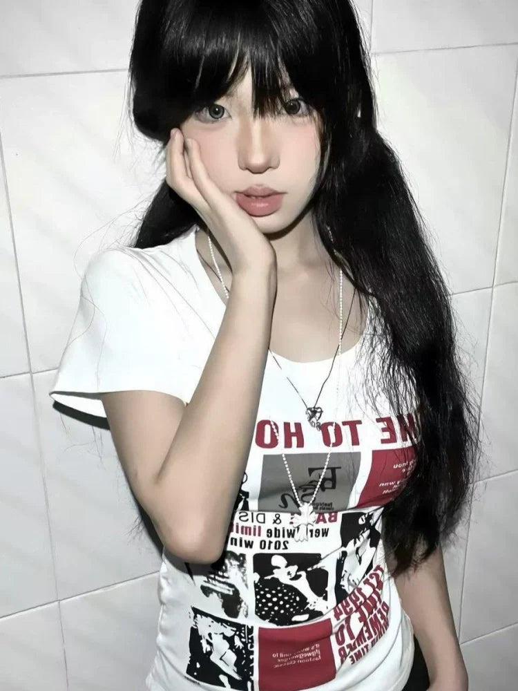 White American Vintage Regular-Shoulder Print Y2K T-Shirt